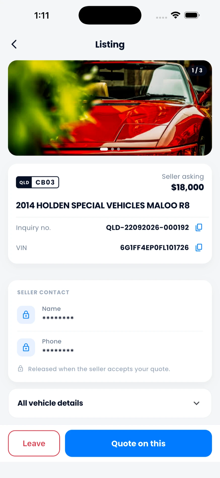 Dealer vehicle listing with photos, seller asking price and private contact details