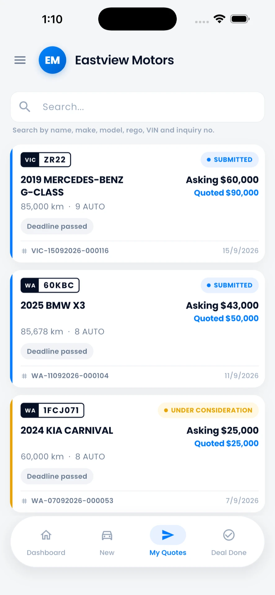 Dealer quotes with submitted and under consideration statuses