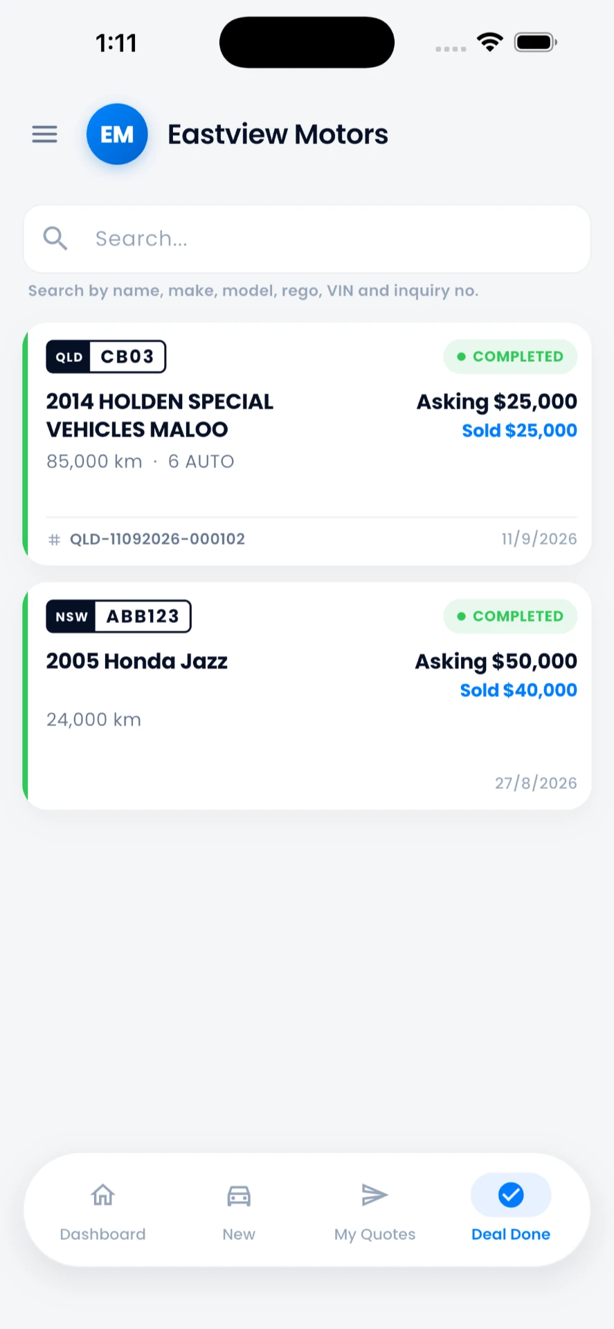 Completed vehicle purchases in the dealer app
